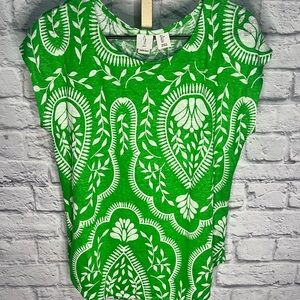 Joie Green White Floral Paisley 100% Linen Short Sleeve Blouse Top